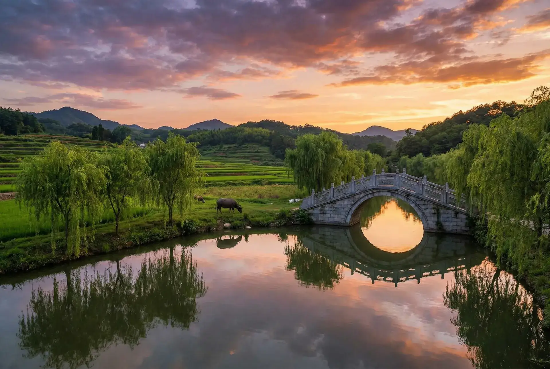 夕阳下的石拱桥与垂柳，水牛在河边吃草 - 淘宝基金 乡村美景